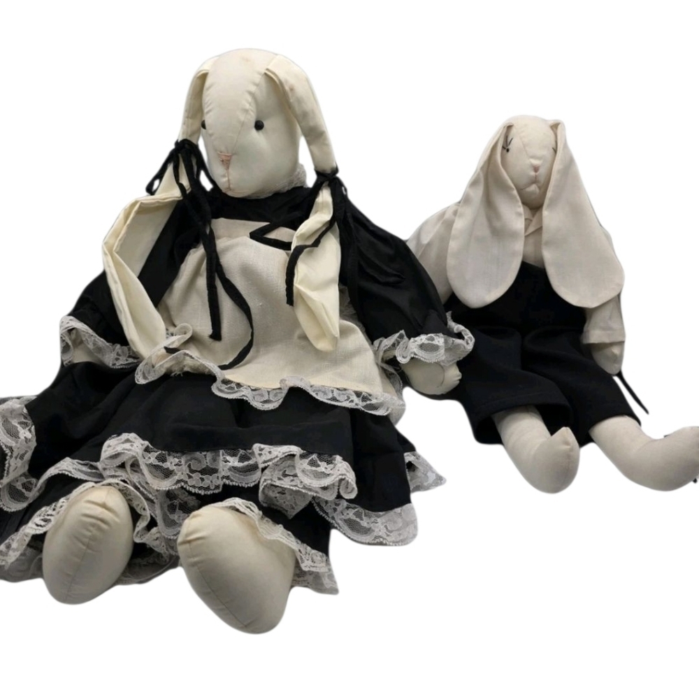 Vintage Easter Bunny Rabbits Folk Art Handmade Plush Rag Dolls Floppy Ear - Picture 10 of 10